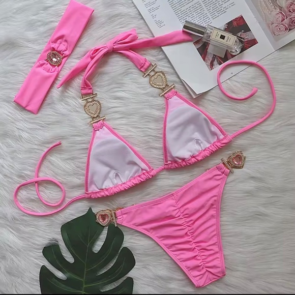 The X Collection Rhinestone Pink Medium Swimsuit (Bikini ,Top & Headband ) - Picture 2 of 6